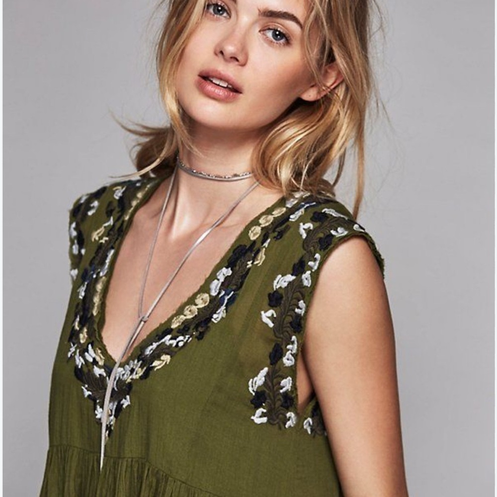 FP One Embroidered Olive Green V-Neck Dress